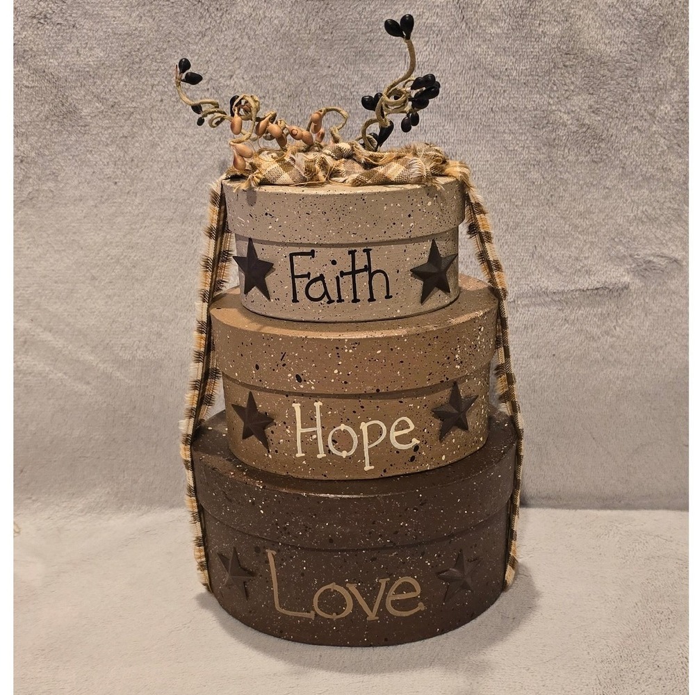 Primitive Faith Hope Love Nesting Boxes Rustic Farmhouse Decor Pip Berry Star